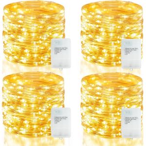 JGD-Lot de 4 guirlandes lumineuses LED &agrave; piles avec minuteur, 20 m, 200 LED, &eacute;tanche, 5 modes, micro guirlande lumineuse argent&eacute;e pour chambre, f&ecirc;te, No&euml;l (blanc chaud) - Neuf