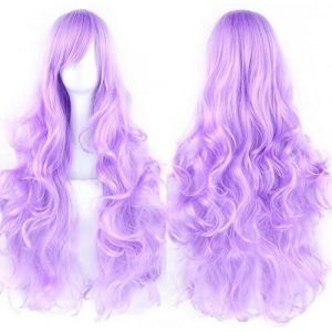 Kalanka-80cm Longue Perruque De Cosplay De Cheveux Naturels Boucl&eacute;s Avec Une Frange Color&eacute;e Halloween Costume Party Perruques Pour Les Femmes (Violet Vif) - Neuf