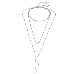 Collier A Trois Rangs Avec Pendentif En Perles Synthetiques Pour Femme Et Fille, Bijou Delicat (Argent) - Neuf