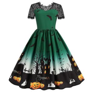 Halloween Femmes Mode Imprimer À Manches Courtes Col Rond Casual Ourlet Robe (Vert Xl) - Neuf