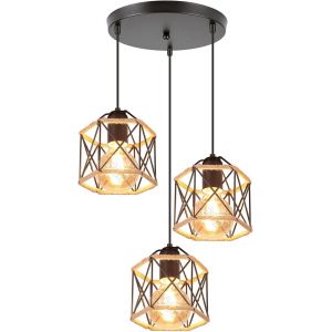 Lustre Suspension Industrielle Design 3 Lampes Diamant Chanvre Corde M&eacute;tal Led Luminaire Plafonnier Abat-Jour R&eacute;tro Design E27 Pour Cuisine Salon Chambre (Hexagonal-Base Ronde) - Neuf