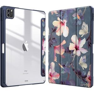 Coque pour iPad Pro 11 Pouces 2022/2021 / 2020/2018 (4e / 3e / 2e / 1e G&eacute;n&eacute;ration) - [Rangement Stylet] &Eacute;tui Transprent Clair Housse Antichoc, Fleur Hibiscus - Neuf