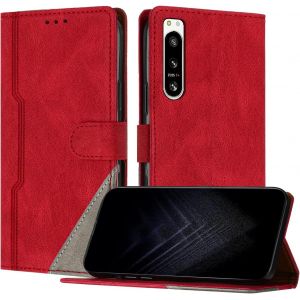 KAL-&Eacute;tui Pour Sony Xperia 5 Iv, Housse En Cuir Pu Avec [Protection Antichoc Tpu] [Fonction Support] [Porte-Cartes ] Antichoc Magn&eacute;tique Coque Pour Xperia 5 Iv - Rouge - Neuf