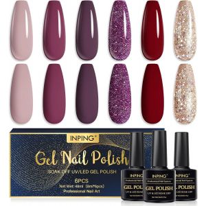 Vernis Semi Permanent,6 Couleurs Rouge Nude Violet Doré Pailleté Vernis Gel Uv Semi Permanent,Série Sombre Vernis Gel Soak Off Uv Vernis À Ongles Pour Novice Manucure Kit,8 Ml - Neuf
