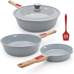 Kalanka-Set De 5 Poêles En Céramique, Poêle Avec Couvercle 20/24/28 Cm Revêtement Céramique Antiadhésif Set De Poêles À Frire Avec Poignée Amovible, Four Et Lave-Vaisselle- Bleu - Neuf