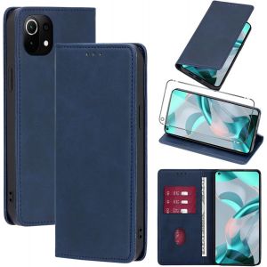 Kalanka-Coque Cuir Pour Xiaomi 11 Lite 5g Ne/Mi 11 Lite 4g/5g 6.55"" Avec 1 Verre Tremp&eacute; Etui &Agrave; Rabat En Pu Porte-Cartes Portefeuille Support Flip Housse Magn&eacute;tique Antichoc Anti-Rayures Case,Bleu - Neuf