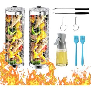 LETNERNY-2 Pièces Panier À Griller Roulant 30 X 9 Cm, Paniers À Griller Cylindriques Avec Vaporisateur Huile, s, Fourchettes, Crochets, Panier De Barbecue Pour Légumes Viande Steak - Neuf