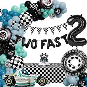 TRAHOO-Décoration Anniversaire 2 Ans Voiture de Course - Ballons, Cake Topper, Thème Garçon - Fête Enfant - Neuf