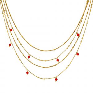 Collier Argent Dor&eacute; Multiples Chaine Et Pierres Naturelles Onyx Rouge - Neuf
