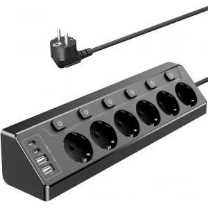 Prise Plan de Travail Cuisine, Multiprises avec 2 Ports USB A et 2 Ports USB C, Multiprise 6 Prises avec Interrupteur, Rallonge &Eacute;lectrique 2m pour Meuble, Canap&eacute;, Bureau, Table - Neuf