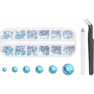 Kal-Ensemble De Strass Plats Ronds, 6 Tailles De Diamants En Cristal Plats En Verre Avec Pincettes Et Stylo De Pr&eacute;l&egrave;vement Pour Nail Art, Maquillage, Artisanat, Bleu Aigue-Marine - Neuf