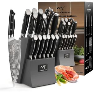 Mevronisshop-Ensemble De Couteaux Damas Professionnel - Bloc En Bois, 15 Pi&egrave;ces, Couteau De Chef Et De Cuisine, Gris - Neuf