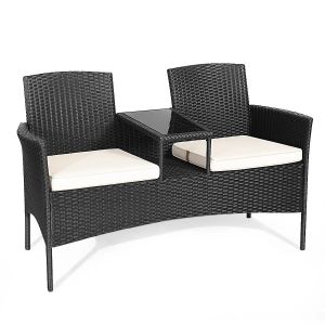 Banc De Jardin 2 Places Avec Table Int&eacute;gr&eacute;e En Verre Tremp&eacute; Ergonomique Moderne Pour Patio L138 X P61 X 85 Cm En Rotin Pe Noir Helloshop26 20_0010563 - Neuf