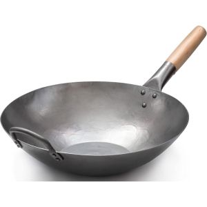 SUBZONAL-731W316 Wok en acier au carbone martel&eacute; &agrave; la main avec poign&eacute;e en bois et acier fond plat 35,6 cm - Neuf