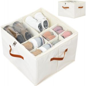 Kgabery-Organisateur Chaussures En Tissu Beige Ajustable-Rangement Chaussures Placard Avec Couvercle Transparent,Compartiments Personnalisables,Poignées Renforcées-Jusqu'à 16 Paires - Neuf
