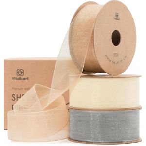 Ruban En Organza Nude & Cr&egrave;me & Gris Argent&eacute;,2,5 Cm X 27,4 M (3 Rouleaux*9,1 M),Ruban Cadeau Large En Tissu Pour Artisanat,Emballage Cadeau,Arbre De No&euml;l,N?uds,Invitations De Mariage - Neuf