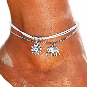 Eryi-Soleil Lune Bracelet Cheville Multicouche Ananas Amour Tortue Cheville Perles D'été Accessoire Plage Pied Femme Fille Bijoux (Chaîne De Pied Éléphant) - Neuf