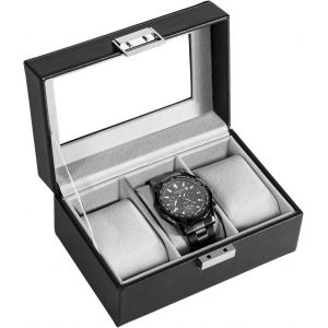 Kal-Boite À Montre Antichoc, Coffret Montre Homme Avec 3 Emplacements Coussins Montre, Rangement Montre Avec Couvercle En Verre, Pour Passionné D`Horlogerie -Noir - Neuf