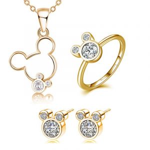 Ensemble Meilleur Bijoux Argent 925 Femme 4ps Plaqué Or Blanc Zircon Mickey Collier Boucles D'oreilles Bague Ouverte - Neuf