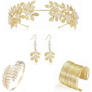 Kalvd-4 Pièces Déesse Grecque Costume Accessoires,Doré Feuille Laurier Couronne Bandeaux Ornements De Cheveux Bracelet Bracelet Feuille Boucles D'oreilles Bijoux,Pour Mariage De Mariée Toge Fête - Neuf