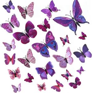Trahoo-24 Pièces 3d Papillon Stickers Muraux Décoration Papillon Pour Fête, Chambre, La Décoration De Gâteau, Pour Filles Et Garçons (Violet) - Neuf