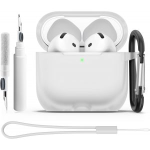Coque &Eacute;tui pour AirPods 4 2024 avec Kit de Nettoyage, Housse de Protection en Silicone Ultra-Fin Antichoc de 2mm, Accessoires 4-in-1 pour Apple AirPods 4&iquest; G&eacute;n&eacute;ration avec Mousqueton et Cordon - Neuf