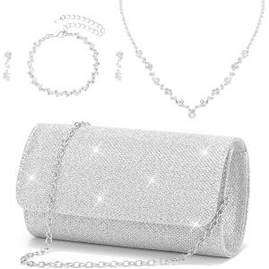 Kalanka-Sac &Agrave; Main Argent&eacute;, Un Collier En Argent, Un Bracelet Et Une Paire De Boucles D'oreilles, Etincelant Pochette Mariage, Sac De Soir&eacute;e &Eacute;l&eacute;gant Argent&eacute; Pour D&icirc;ner Dansant D'anniversaire - Neuf