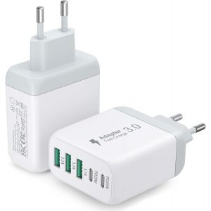 Chargeur USB C rapide 2 Pack,55W 5-ports Adaptateur Prise Piverselle avec 2 USB A et 3 USB C PD3.0,Chargeur USB Multiple pour iPhone 12/13/14/15,iPad Mini/Pro,Samsung Galaxy S24/S23 Pixel 6(Blanc) - Neuf