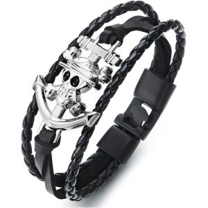 Kal-Ancre Pirate Crâne - Noir Multi-Brin Homme Bracelet En Cuir Tressé - Entrelacé - Envelopper Bracelet - Neuf