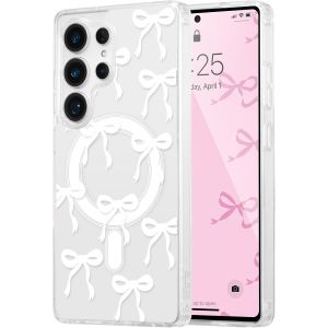 TRAHOO-Coque Magn&eacute;tique pour Samsung Galaxy S23 Ultra 5G Transparent &Eacute;tui Housse de T&eacute;l&eacute;phone en Motif de Papillon Case avec Recharge sans Fil, Antichoc Bumper Cover pour Filles Femme, Blanc - Neuf