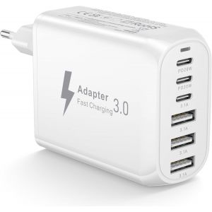 JGD-Chargeur USB C 60W, 6 Ports Multi Prise USB C Chargeur Type C Charge Rapide Multiprise USB Alimentation Adaptateur Secteur pour iPhone 17 16 15 14 Pro Max Plus Mini XS XR 8 7 SE, iPad, Samsung Ga - Neuf