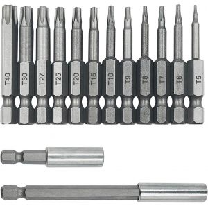 CHECARZHN--NO1-Lot De 12 Embouts De Tournevis À Tête Torx + 2 Tailles De Support D'Extension De Foret Magnétique, Tige Hexagonale S2 De 6,35 Mm, Kit D'Outils De Tournevis Inviolable, Foret Étoile 6 P - Neuf