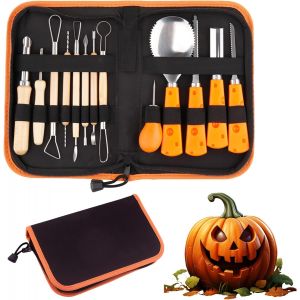 Oayew-Kit De Sculpture De Citrouille D'halloween - Lot De 14 Couteaux De Sculpture De Citrouille En Acier Inoxydable Avec Sac De Rangement - Outil De Sculpture Professionnel Pour La D&eacute;coration - Neuf