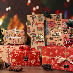 Zoneyan Papier Cadeau Noel 6 Feuilles, Papier Emballage Cadeau Noel Vintage, Emballage Cadeau Kraft 70x50cm, Rouleau De Papier Emballage De Noël,Cadeua Papier D'emballage De Noëlpour Noël Nouvel (Rd) - Neuf