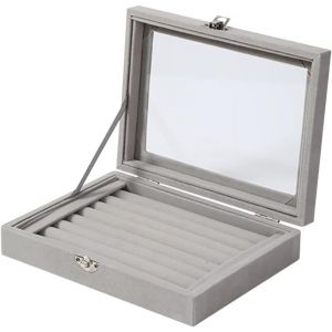Plateau De Rangement À 7 Emplacements Pour Bagues En Velours - Organisateur De Bijoux Et De Boucles D'oreilles Avec Couvercle Transparent Pour Vitrine De Bijoux - Gris - Neuf