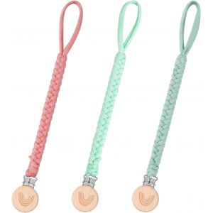 Attache Sucette Bébé,3 Pcs Garçons Et Filles Attache Tétine Sucette Chaîne Coton,Tétine En Bois Adaptateur De Sucette,Clip Attache,Chaîne De Sucette,3+ Mois En Coton Bébé Attache (3 Couleurs).[H112] - Neuf