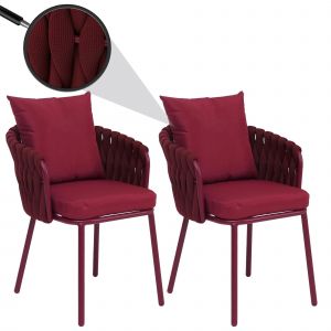 Lot de 2 chaises de salle &agrave; manger en aluminium HWC-P89, chaise d'int&eacute;rieur avec accoudoirs, tissu/textile (180 g/m&sup2;) tressage en cordebordeaux - Neuf