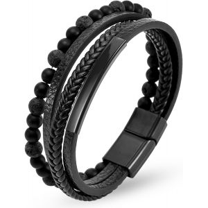 Eryi-Bracelet Cuir Homme Et Acier Inoxydable, Noir Marron Bleu Bracelet Perles Pour Hommes, 19cm/21cm/23cm Bracelets Cuir Bijoux Cadeau Homme Papa Papy - Neuf