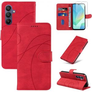 CAUC-Coque pour Samsung Galaxy A16 4G / 5G avec 1 Pièce Protection Écran en Verre Trempé, Housse PU Cuir à Rabat Flip, Étui Support et Portefeuille Fonction (Rouge) - Neuf