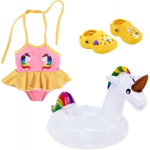 KAL-Set De Bain Pour Poupées 3 Pièces,Tenue De Piscine De Poupées,Vêtements De Bain Pour Poupée,Avec Maillot De Bain Pour Poupées De 43Cm,Chaussures,Cercle De Natation,Motifs Licorne (Multicolore-Lic - Neuf