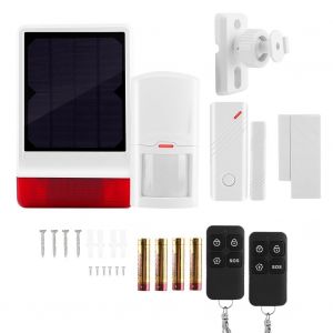 Systeme d'alarme de securite antivol sans fil 433 MHz avec sirene solaire, 1 aimant de porte, 1 detecteur de mouvement PIR et 2 telecommandes. - Neuf