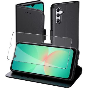 Kal-Coque Pour Samsung Galaxy A26 5g, Flip Case+1 Verre Trempé Etui Protection Housse Premium En Cuir Pu, [Pochette De Portefeuille] [Fermeture Magnétique] [Etui À Rabat]- Noir - Neuf