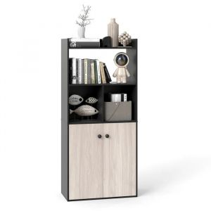 COSTWAY Biblioth&egrave;que avec 3 &Eacute;tag&egrave;re Ouverte et 2 Portes, Dispositif Anti-basculement pour Salon, Bureau, Chambre, 60x30x133 cm Noir - Neuf