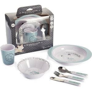 Kal-Coffret Vaisselle Mélamine Et Couverts Inox Enfant, Vert Céladon - Gris - Neuf