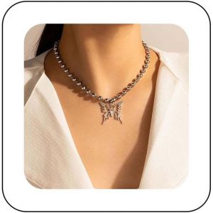 Kal-Boho Papillon Pendentif Collier Argent Creux Papillon Collier Ras Du Cou Grand Papillon Collier Ras Du Cou Vintage Perle Chaîne Collier Bijoux Pour Femmes Et Filles - Neuf