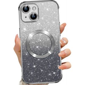 SJZG-Coque Magnétique Pour Iphone 14 Plus, Etui À Paillettes Compatible Avec Magsafe, Antichoc Charge Sans Fil Housse Pour Iphone 14 Plus, Avec 2 Verre Trempé, Noir - Neuf