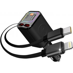 ELVORIX-4 en 1 PD 30W Chargeur Voiture R&eacute;tractable, Adaptateur Chargeur Telephone Voiture avec USB-C/A 12/24 V, Chargeur Allume Cigare Voiture avec Deux C&acirc;bles Type-C et Lightning pour IPHONE/Android - Neuf