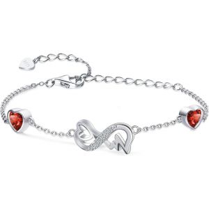 Eryi-Bracelet Infini Coeur Argent Sterling 925 Bracelet Femme Avec 2 Coeurs Pierres De Naissance Réglables Infinity Heart Ecg Bracelets, Belle Bijoux Cadeau D'anniversaire Pour Fille Maman - Neuf