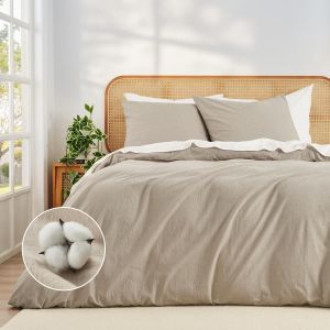 Sjzg-Housse De Couette 135x200 Coton Beige Ultra-Doux 100% Coton Pr&eacute;-Lav&eacute; Structure Lin Oeko-Tex &Eacute;t&eacute; 1 Housse De Couette 135x200 + 1 Taie 80x80 Avec Fermeture &Eacute;clair - Neuf