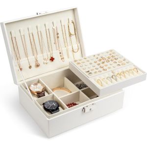 2 Couches Boîte À Bijoux, Boîte De Rangement De Bijoux En Cuir Double Couche Pour Femme Fille Femme, Boucles D'Oreilles Boîte De Rangement Avec Bracelet Et Collier Lock (Blanc) - Neuf